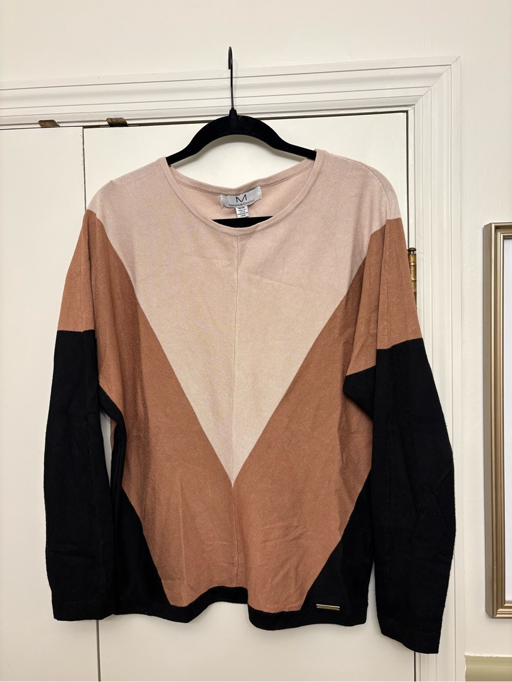 Magaschoni Colorblock Knit Sweater in Black, Brown, and Tan - Size M